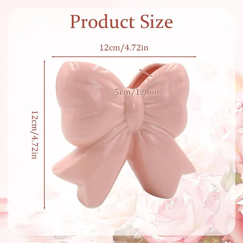Vista 3 de Jarrón de cerámica con lazo rosa, diseño contemporáneo, decoración de lazo rosa, soporte para bolígrafo, soporte para brochas de maquillaje, regalo