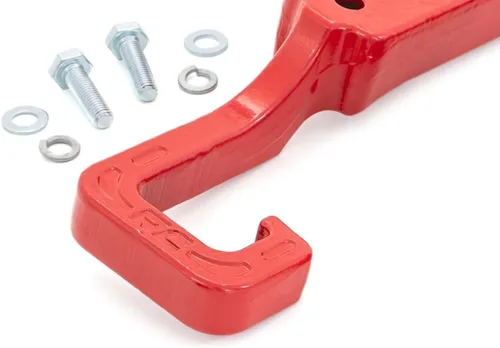 Vista 2 de Rough Country Ganchos de remolque rojos forjados para Jeep Grand Cherokee (2015-2022) - Puntos de recuperación delanteros de alta resistencia