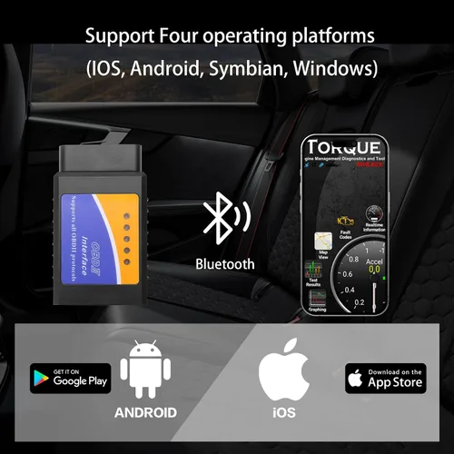 Vista 3 de YAODHAOD Escáner OBD2 Bluetooth para iPhone, iOS, Android, Windows, herramienta de diagnóstico de diagnóstico de coche, ELM327 OBDII lector