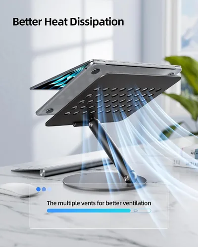 Vista 4 de LULULOOK Soporte para computadora portátil para escritorio, soporte de computadora de aluminio completo, elevador ajustable giratorio de 360°, Negro