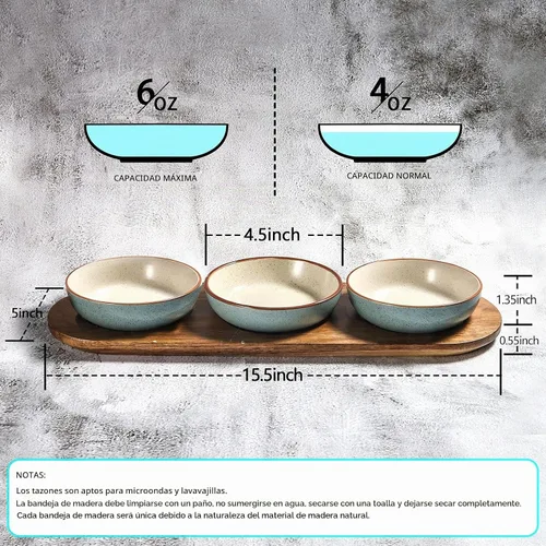 Vista 2 de Artena Juego de 6 Tazas de 177ml de Cerámica Sólida Turquesa para Chips y Dip con Bandeja de Madera de Acacia, Tazas de Servir Pequeñas de 11.4cm