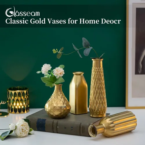 Vista 3 de Glasseam - Jarrón dorado de vidrio para flores: pequeños jarrones de vidrio para centros de mesa de la sala de estar y la mesa de la cocina, 4