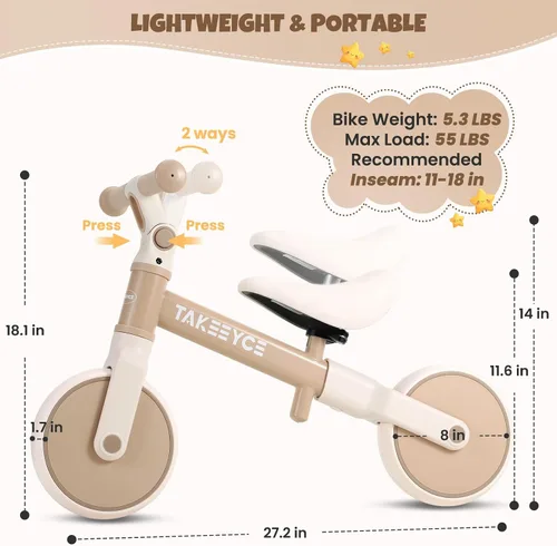 Vista 6 de Takeeyce Bicicleta de equilibrio para niños de 2 años, bicicleta de equilibrio para bebés con asiento ajustable y manubrio, bicicleta
