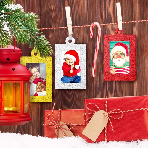 Vista 7 de Jetec 36 marcos de fotos con brillantina para decoración de árbol de Navidad, mini marco de fotos de fieltro, marco pequeño para colgar, regalos