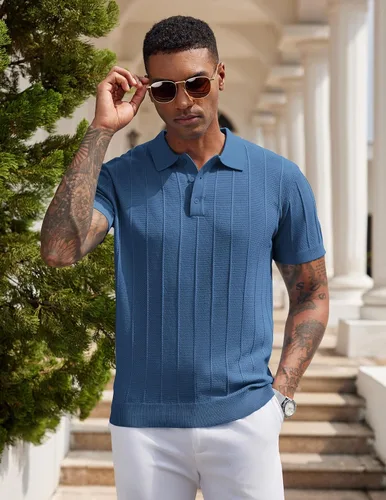 Vista 93 de COOFANDY Camisas polo de punto para hombre de manga corta con textura acanalada Camisas de golf casuales y ligeras con cuello Camiseta de polo