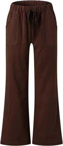 Vista 4 de FUMOOD Pantalón bohemio de lino para mujer, talla pequeña a grande, ligero, cintura alta, pierna ancha, pantalones de yoga, pantalones de gasa