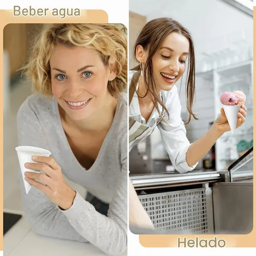 Vista 5 de Roshtia 200 piezas de vasos de cono de papel engrosados, vasos de cono desechables para hielo raspado, enfriador de agua de granizado, blanco