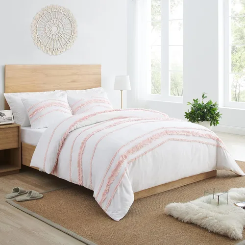 Vista 2 de Juego de ropa de cama de 2 piezas con borlas copetudas de macramé blanco y rosa bohemio, bohemio, elegante, tamaño individual/individual XL, funda