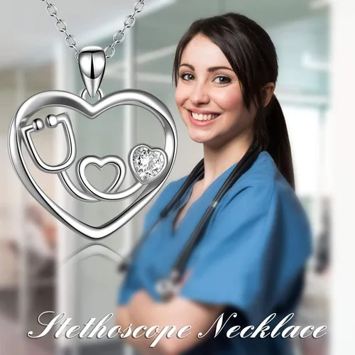 Vista 5 de Collar con estetoscopio de plata de ley con diseño de corazón y enfermería, regalo para enfermeras y médicos