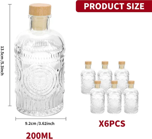 Vista 2 de PTSGCAI Botellas de vidrio transparentes de 6 oz - 200ml [Pack de 6] Botellas de vidrio con base pesada con tapa T para vino, bebidas, aceite 1