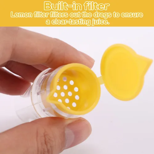 Vista 4 de Exprimidor de limón con tapa de rosca, mini exprimidor de limón de plástico con filtro integrado, práctico exprimidor de jugo con tapa para bebidas