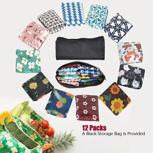 Vista 10 de Paquete de 12 bolsas de comestibles reutilizables, bolsa de compras plegable, bolsa de regalo de gran capacidad, bolsa de almacenamiento