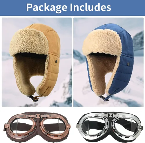 Vista 2 de JaGely 2 juegos de sombrero de piloto y gafas, sombrero de trampero, sombrero de invierno, sombrero con orejeras para hombres y adultos