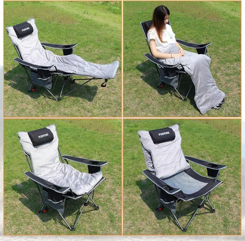 Vista 7 de Silla de camping reclinable con reposapiés extraíble con reposacabezas, cojín de algodón, sillas plegables ajustables y portátiles