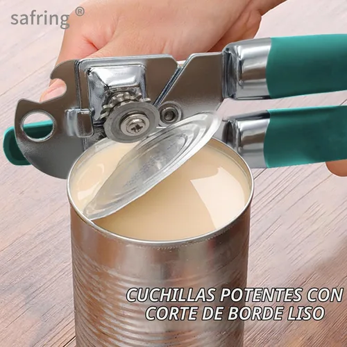 Vista 4 de Safring Abrelatas manual, de mano de acero inoxidable resistente y resistente, mango cómodo, borde liso de hoja afilada, abrelatas con abrebotellas