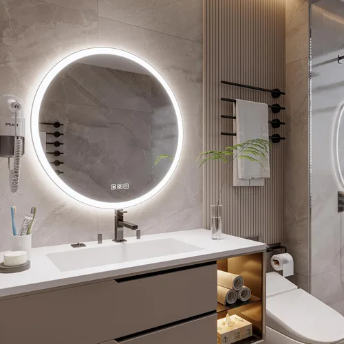 Vista 3 de Espejo LED redondo de 20 pulgadas, espejo samrt para baño, espejo de pared con luz, antiempañamiento, 3 colores regulables, frontal