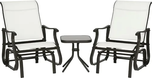 Vista 10 de Outsunny Juego de 3 planeadores para exteriores, mesa de bistró y sillas con marco de acero, mesa superior de vidrio templado para patio, jardín