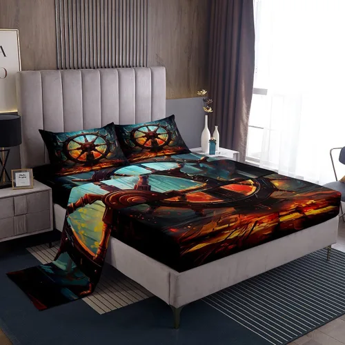 Vista 26 de Erosebridal Juego de sábanas de ballena náutica, tamaño individual, juego de ropa de cama vintage azul con ondas oceánicas para niños y niñas