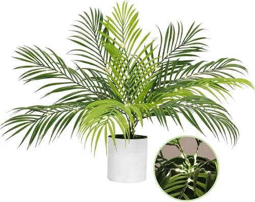 Vista 9 de RECUTMS Plantas falsas altas de 18 pulgadas con luz artificial Monstera planta palmera tropical en maceta blanca de imitación vegetación en maceta