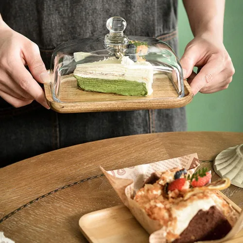 Vista 8 de Angoily Bandeja de comedor de vidrio de 7 pulgadas con cubierta de cúpula transparente para servir postres para el hogar, cocina y entretenimiento