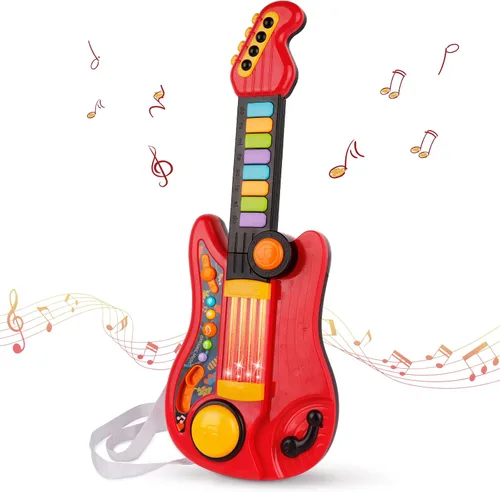 Vista 8 de Guitarra para niños 2 en 1 Instrumentos musicales para niños Piano para niños pequeños Juguete de guitarra eléctrica con correa Juguetes musicales