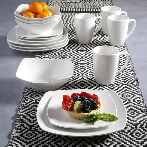 Vista 7 de Gibson Home 102539.16RM - Juego de vajilla cuadrada de porcelana clásica de 16 piezas con platos, cuencos y tazas de varios tamaños, color blanco