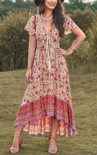 Vista 2 de PRETTYGARDEN Vestidos de verano florales bohemios con cuello en V profundo para mujer, manga corta, recortado, casual, fiesta, playa, maxi vestido