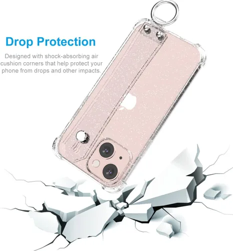 Vista 6 de Funda con purpurina con correa de mano compatible con iPhone 13 de 6.1 pulgadas, funda transparente brillante con correa de muñeca ajustable soporte