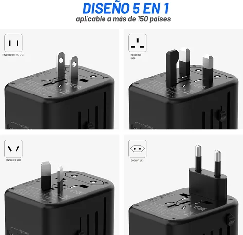 Vista 4 de VYLEE - Adaptador de viaje universal, adaptador de corriente internacional 5 en 1, cargador de pared 3.5A 2xUSB-A y 2 USB C, enchufe esencial