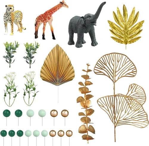 Vista 3 de 26 piezas de decoración de pasteles de animales de la selva, figuras de animales de safari, palmeras doradas, selva salvaje, animales salvajes