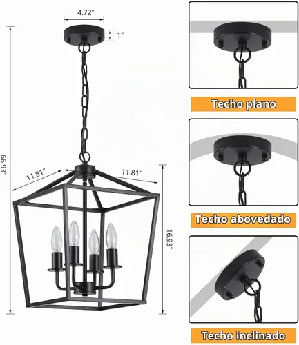 Vista 3 de AMZASA UL Listada Lámpara de araña industrial negra de 4 luces, lámpara colgante de jaula metálica de granja, estilo rústico geométrico, accesorios