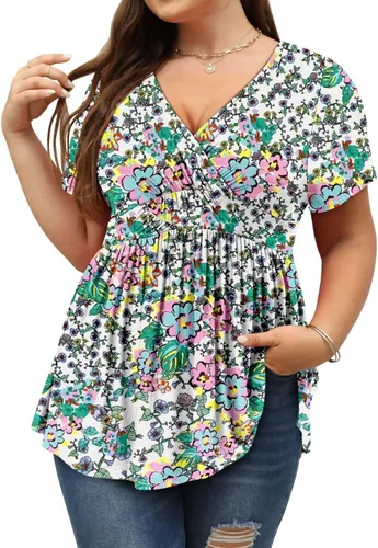 Vista 2 de ROSELINLIN Blusa de verano floral de manga corta con cuello en V para mujer