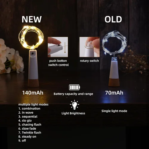 Vista 2 de Luces para botellas de vino – Paquete de 4 tapones de botella recargables de 140 mAh con 20 luces LED, 8 modos de luz de conmutación, perfecto