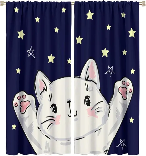Vista 37 de Cortinas opacas de gato abstracto, arte simple, universo planeta, dibujos animados, lindo, divertido, colorido, gato, azul, niños, niñas, niños