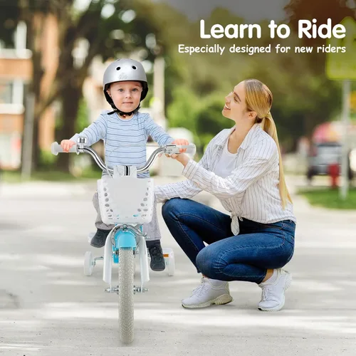 Vista 6 de HONEY JOY Bicicleta para niños de 12, 14, 16, 18, 20 pulgadas, con ruedas de entrenamiento, freno de mano y freno de posavasos, cadena totalmente