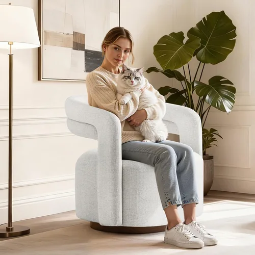 Vista 3 de Silla giratoria decorativa, silla de barril tapizada con diseño de respaldo abierto, silla moderna con base de madera para sala de estar Crema
