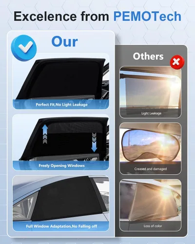 Vista 8 de PEMOTech - Parasol para ventana de coche (2 pack) - Certificado, parasol para ventana lateral del coche, protección UV, transpirable, de spandex