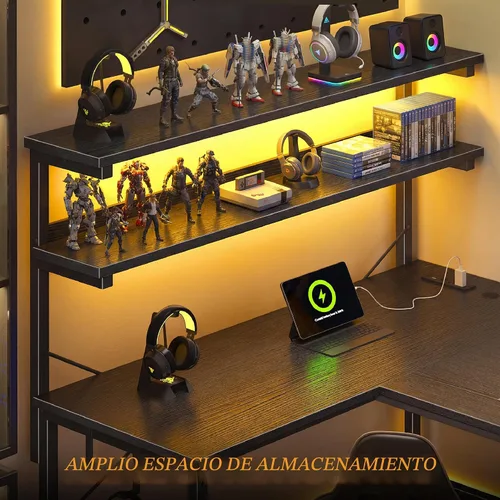 Vista 4 de DurayLoly Escritorio en forma de L para juegos con luz LED y toma de corriente, escritorio reversible en forma de L para computadora de 43.3