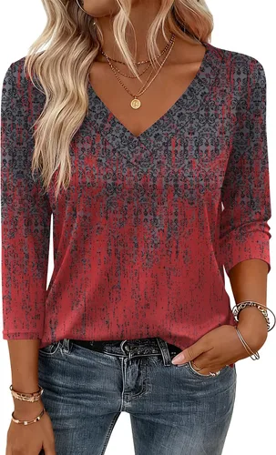 Vista 8 de Zeagoo Camisetas de manga 3/4 para mujer, cuello en V, blusa casual elegante, camisetas básicas 2026, ropa de moda S-2XL
