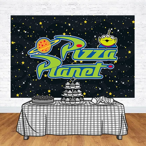 Vista 2 de Telón de fondo de planeta de pizza para fiesta de cumpleaños, fondos de fotos, tema de cumpleaños, cartel de baby shower, 59 x 38 pulgadas, amarillo