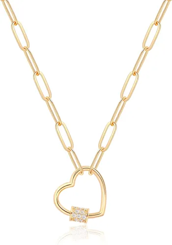 Vista 9 de Aobei Pearl Collar chapado en oro de 18 quilates con dije de cruz de corazón, corazón, estrella, león, mal de ojo, amor, medallón, clip de papel