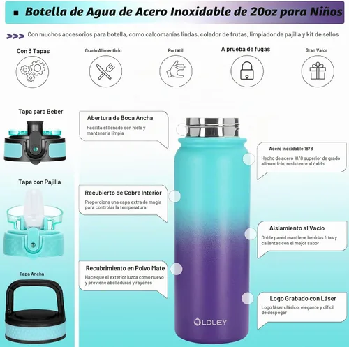 Vista 2 de Oldley Botella de Agua Aislada con Pajilla de 20oz, Botellas de Agua de Acero Inoxidable con 3 Tapas, Aislamiento al Vacío de Doble Pared Térmica