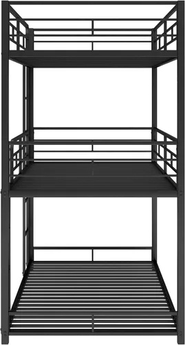 Vista 8 de Harper & Bright Designs Litera triple de metal individual sobre cama individual, litera baja resistente con barandillas de seguridad y escalera Negro