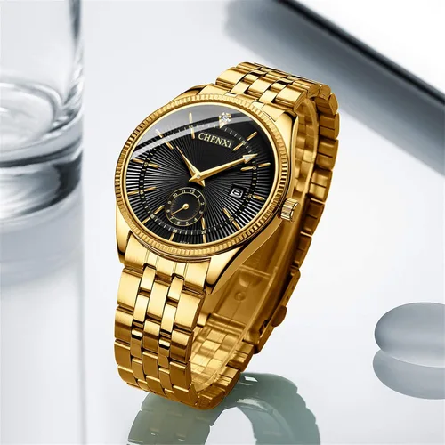 Vista 2 de JewelryWe Relojes de lujo para parejas hombres y mujeres, tono dorado y plateado, reloj de pulsera de acero inoxidable con calendario de cuarzo