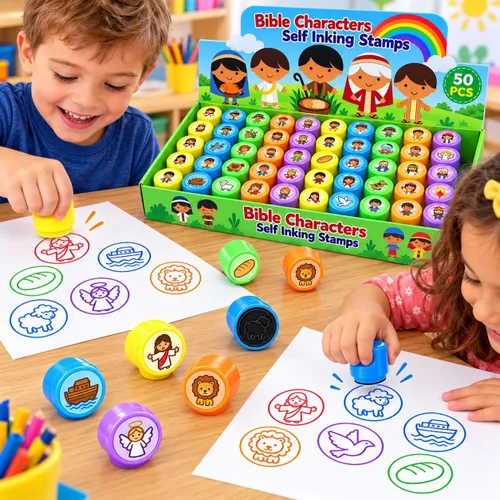 Vista 4 de TINYMILLS 50 piezas de personajes bíblicos religiosos surtidos sellos para niños