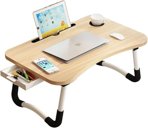 Vista 10 de Mesa portátil para laptop de oficina con cajón de almacenamiento, porta-taza y soporte para teléfono, mesa de bandeja para cama, escritorio plegable