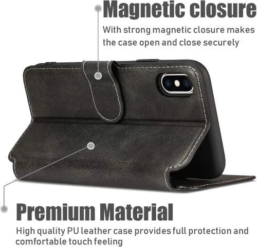 Vista 4 de QLTYPRI - Funda tipo cartera para iPhone Xs Max, color negro Funda simple de piel sintética con ranuras para tarjetas, cierre magnético, a prueba