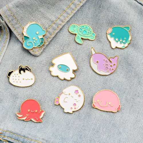 Vista 3 de Juego de pines de solapa esmaltados de dibujos animados con diseño de animales marinos, insignias, ballenatortuga marinapulpohipocampopez