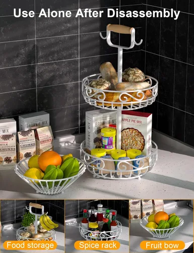 Vista 3 de Plato de 2 niveles y frutero – Almacenamiento de frutas y verduras con colgador de árbol de plátano y mango de madera, cesta de frutas para encimera