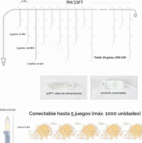 Vista 6 de 200 luces de carámbanos de Navidad, blanco cálido, cable blanco de 23 pies de largo
